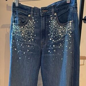 Veronica Beard Dark Blue Straight-Leg Jeans with Crystal Embellishments